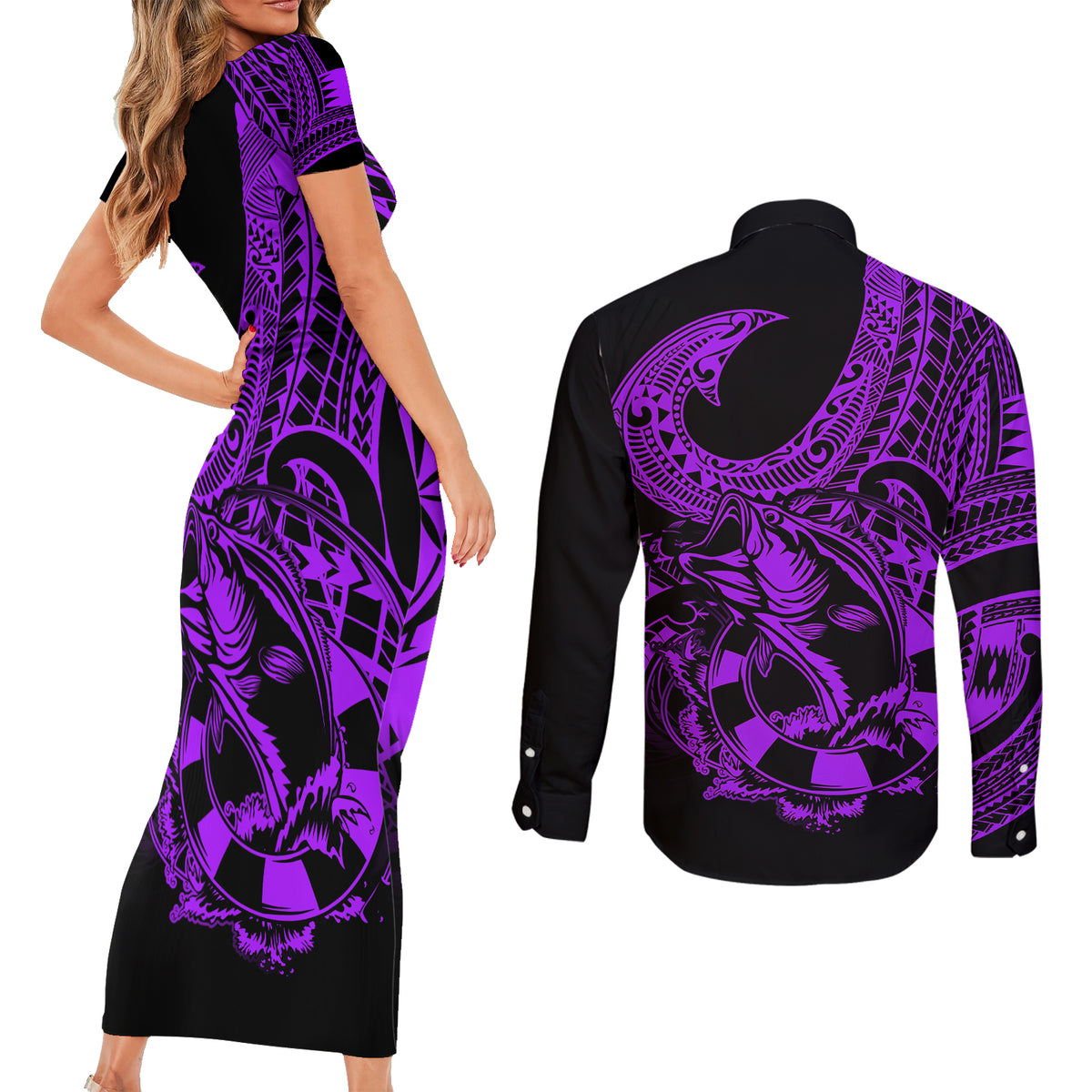 polynesia-couples-matching-short-sleeve-bodycon-dress-and-long-sleeve-button-shirts-fish-hook-tattoo-go-fishing-polynesian-pattern-purple