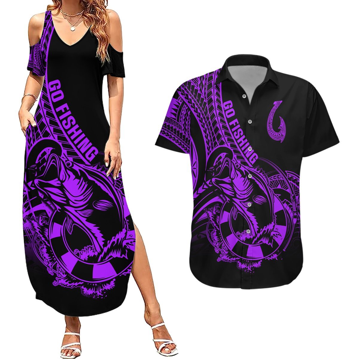 Polynesia Couples Matching Summer Maxi Dress and Hawaiian Shirt Fish Hook Tattoo Go Fishing Polynesian Pattern Purple LT14 Purple - Polynesian Pride