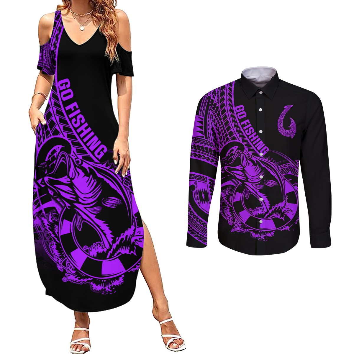 polynesia-couples-matching-summer-maxi-dress-and-long-sleeve-button-shirts-fish-hook-tattoo-go-fishing-polynesian-pattern-purple
