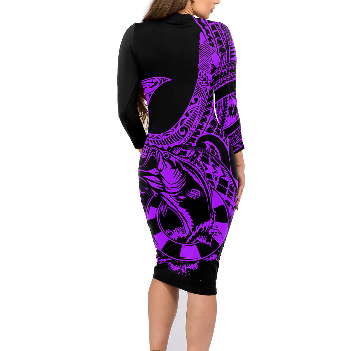 polynesia-family-matching-long-sleeve-bodycon-dress-and-hawaiian-shirt-fish-hook-tattoo-go-fishing-polynesian-pattern-purple