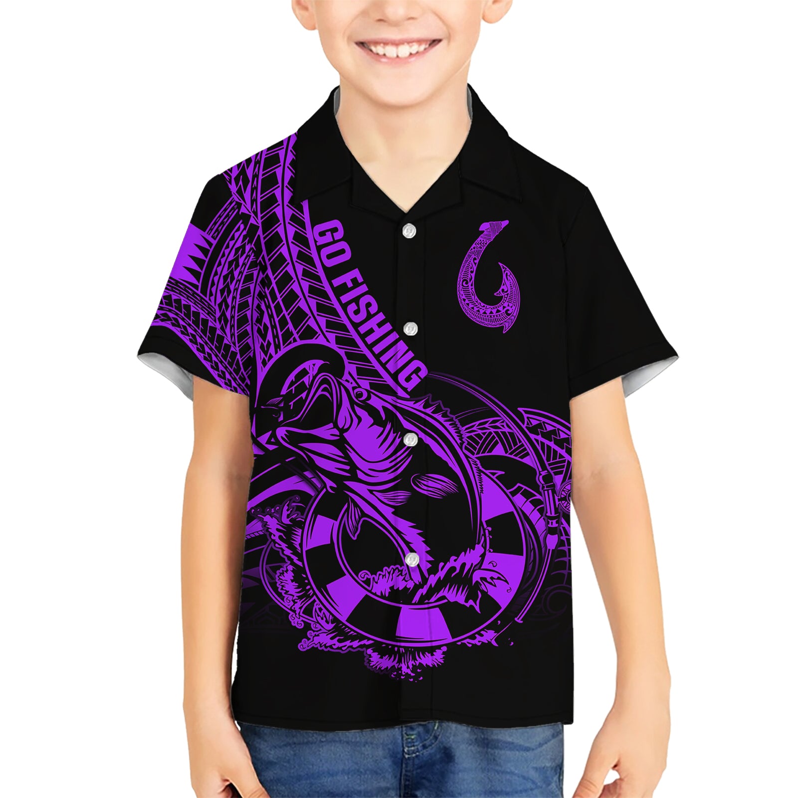 Polynesia Kid Hawaiian Shirt Fish Hook Tattoo Go Fishing Polynesian Pattern Purple LT14 Kid Purple - Polynesian Pride