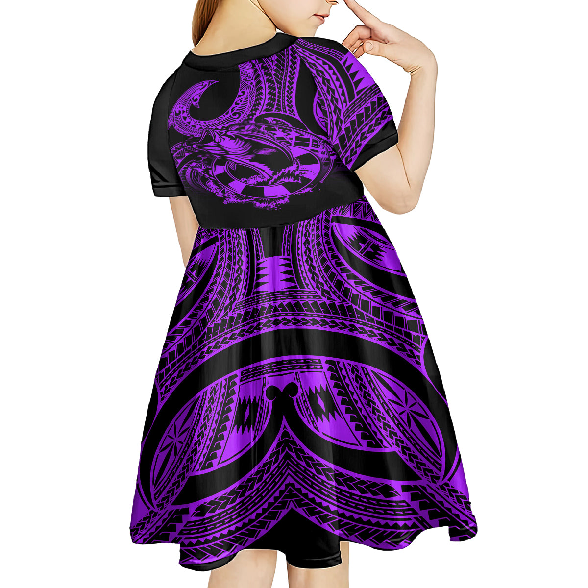 polynesia-kid-short-sleeve-dress-fish-hook-tattoo-go-fishing-polynesian-pattern-purple