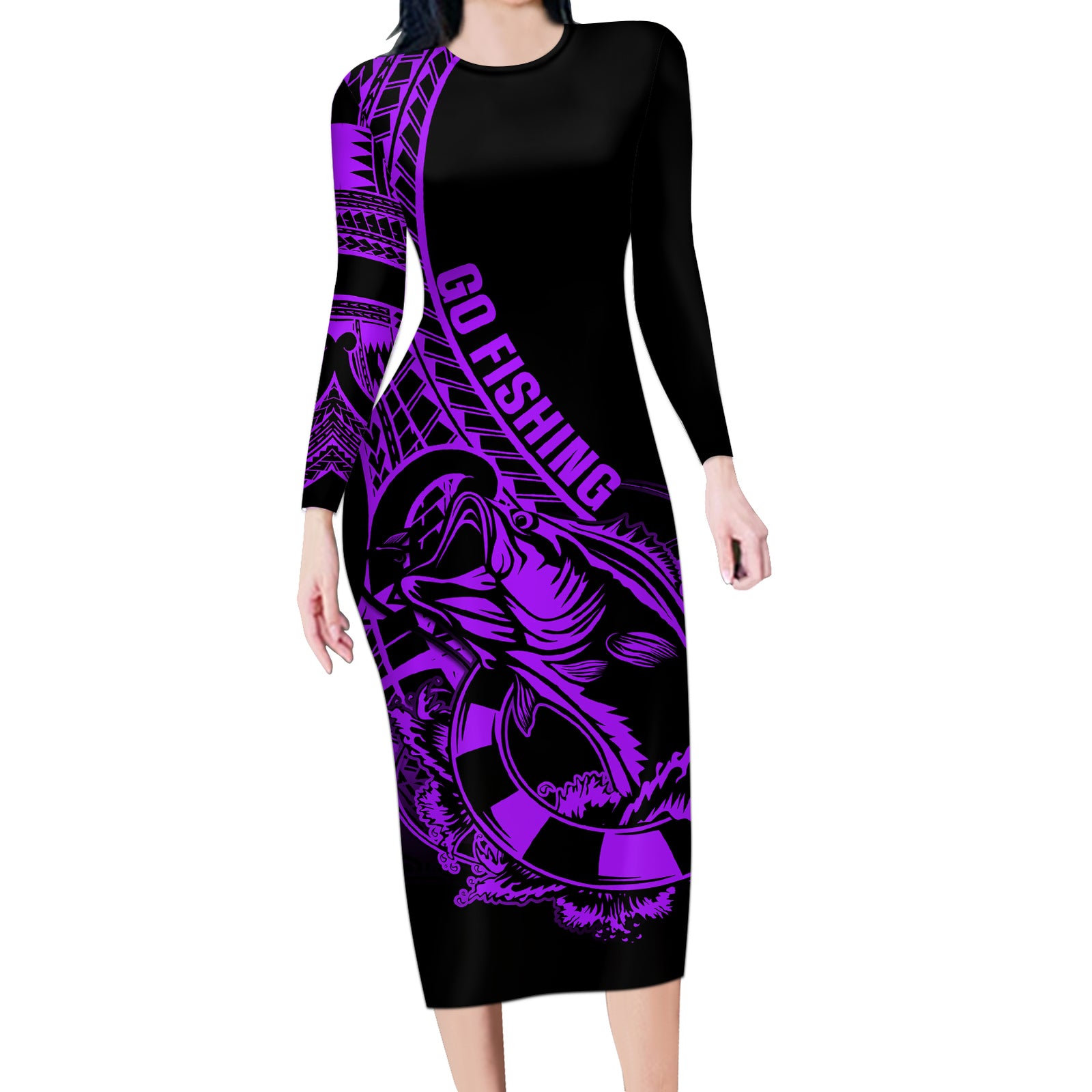 Polynesia Long Sleeve Bodycon Dress Fish Hook Tattoo Go Fishing Polynesian Pattern Purple LT14 Long Dress Purple - Polynesian Pride