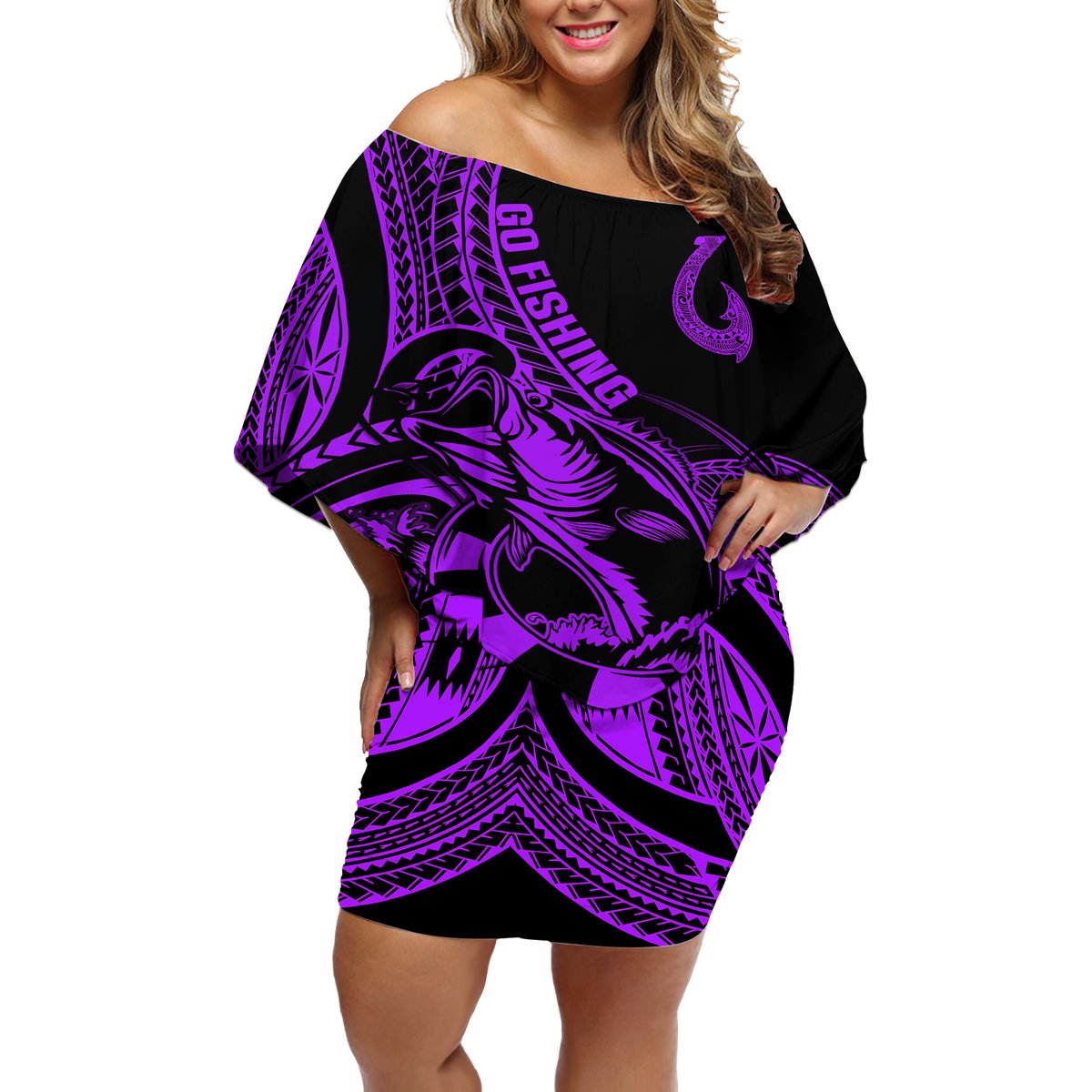 Polynesia Off Shoulder Short Dress Fish Hook Tattoo Go Fishing Polynesian Pattern Purple LT14 Women Purple - Polynesian Pride