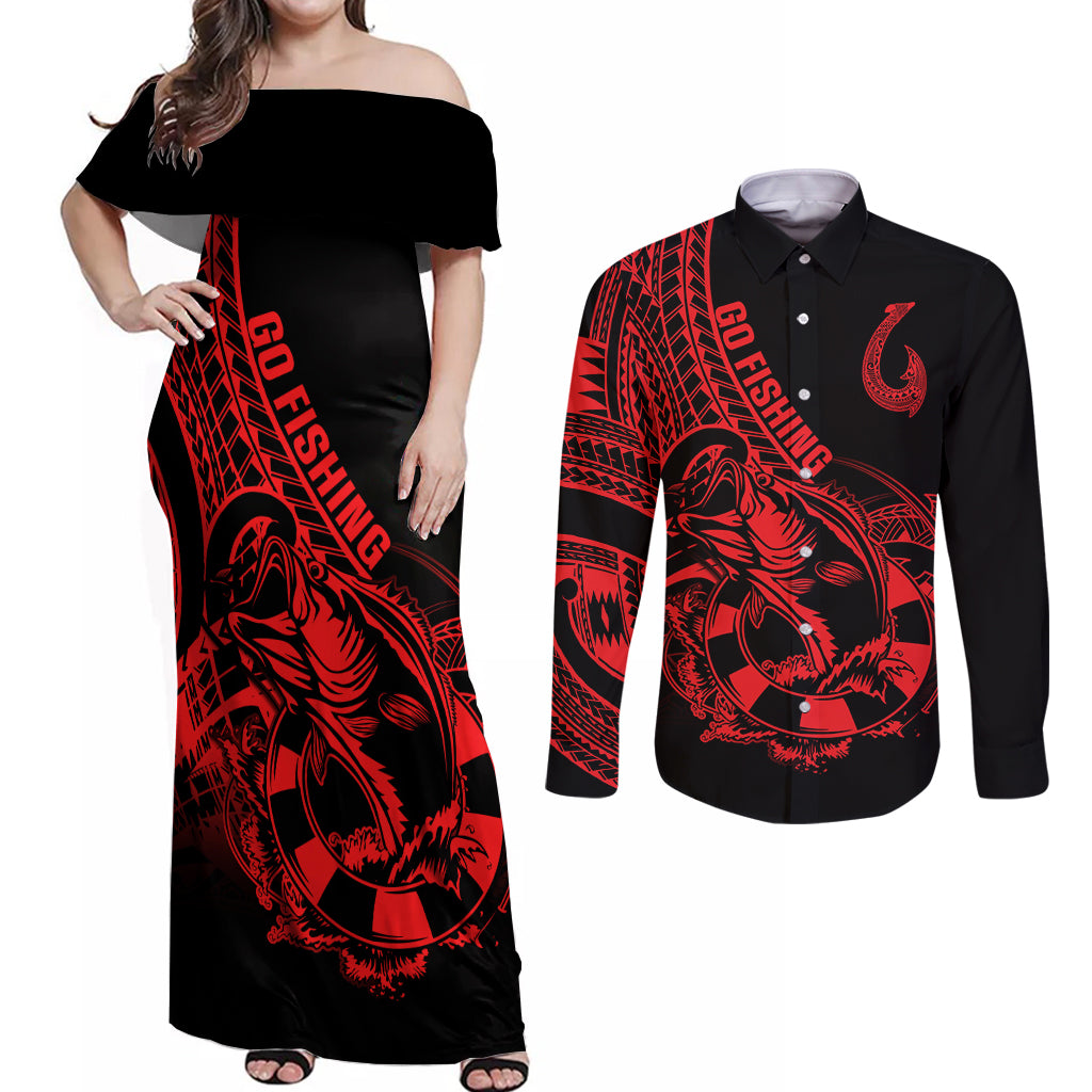 polynesia-couples-matching-off-shoulder-maxi-dress-and-long-sleeve-button-shirts-fish-hook-tattoo-go-fishing-polynesian-pattern-red