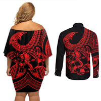 polynesia-couples-matching-off-shoulder-short-dress-and-long-sleeve-button-shirts-fish-hook-tattoo-go-fishing-polynesian-pattern-red