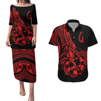Polynesia Couples Matching Puletasi Dress and Hawaiian Shirt Fish Hook Tattoo Go Fishing Polynesian Pattern Red LT14 Red - Polynesian Pride