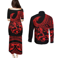 polynesia-couples-matching-puletasi-dress-and-long-sleeve-button-shirts-fish-hook-tattoo-go-fishing-polynesian-pattern-red