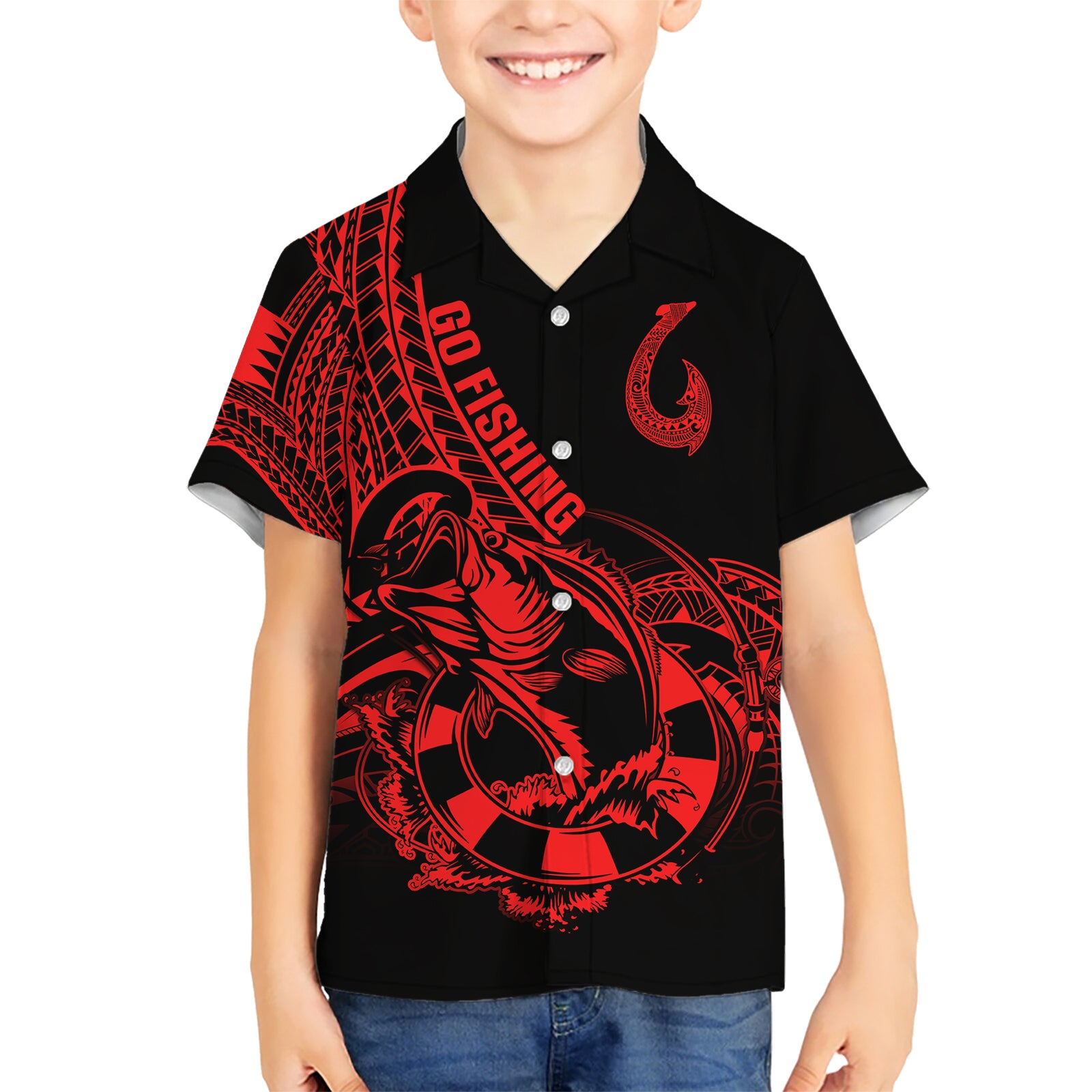 Polynesia Kid Hawaiian Shirt Fish Hook Tattoo Go Fishing Polynesian Pattern Red LT14 Kid Red - Polynesian Pride
