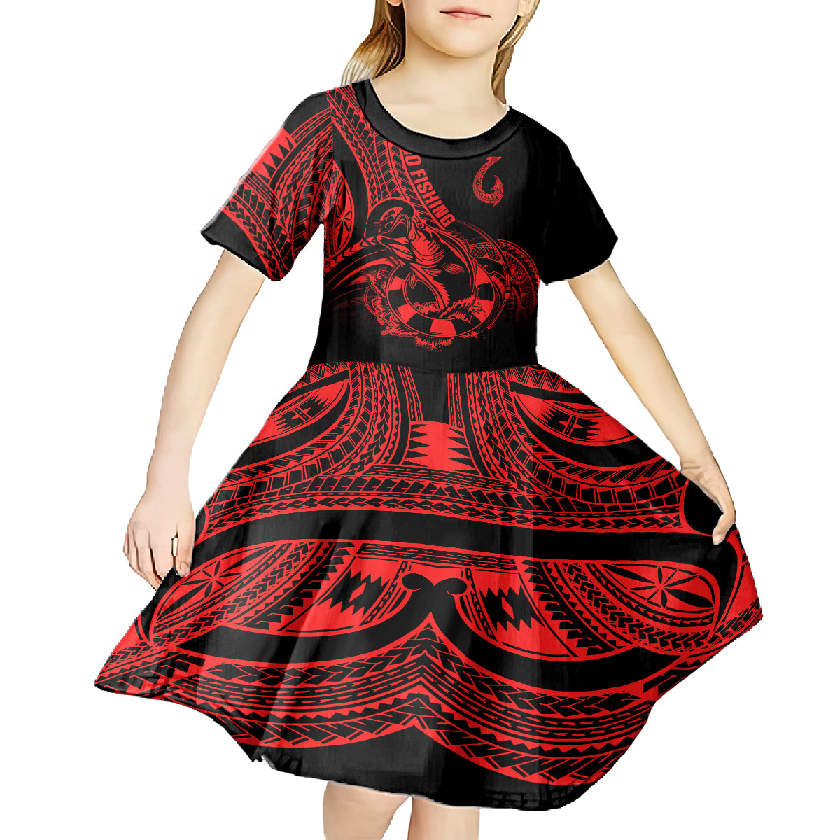 polynesia-kid-short-sleeve-dress-fish-hook-tattoo-go-fishing-polynesian-pattern-red