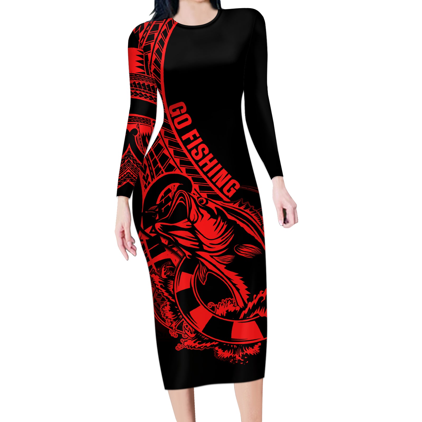 Polynesia Long Sleeve Bodycon Dress Fish Hook Tattoo Go Fishing Polynesian Pattern Red LT14 Long Dress Red - Polynesian Pride