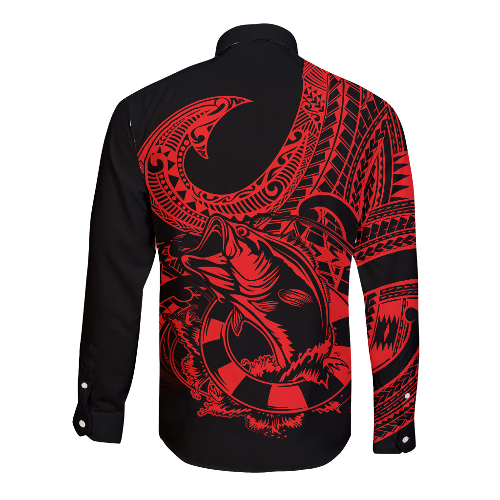 polynesia-long-sleeve-button-shirt-fish-hook-tattoo-go-fishing-polynesian-pattern-red