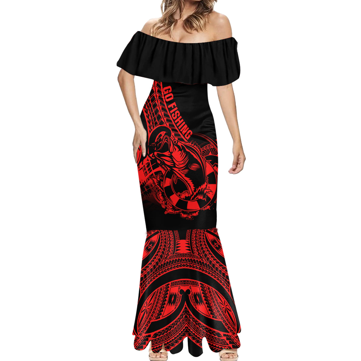polynesia-mermaid-dress-fish-hook-tattoo-go-fishing-polynesian-pattern-red