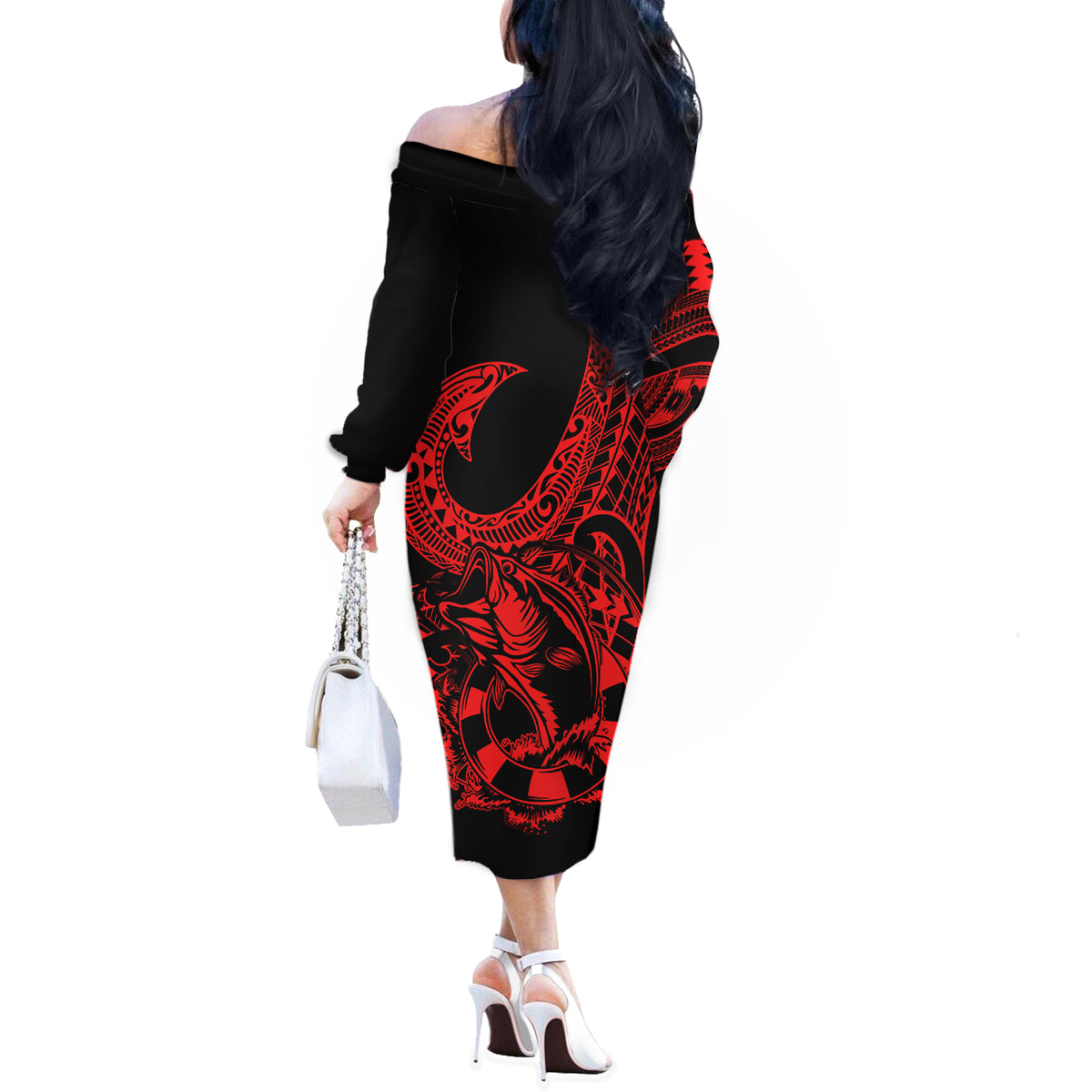 polynesia-off-the-shoulder-long-sleeve-dress-fish-hook-tattoo-go-fishing-polynesian-pattern-red