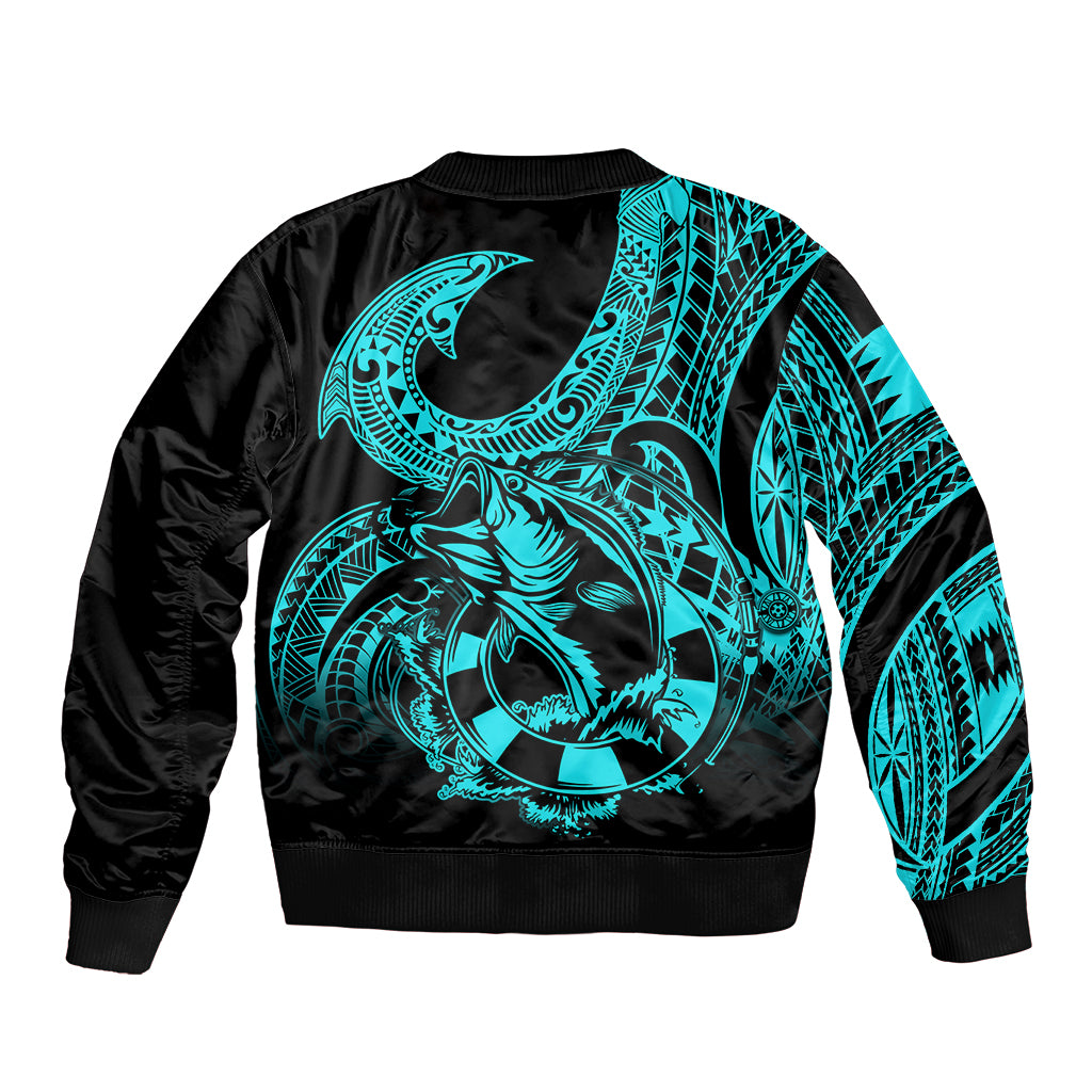 Polynesia Bomber Jacket Fish Hook Tattoo Go Fishing Polynesian Pattern Turquosie LT14 - Polynesian Pride