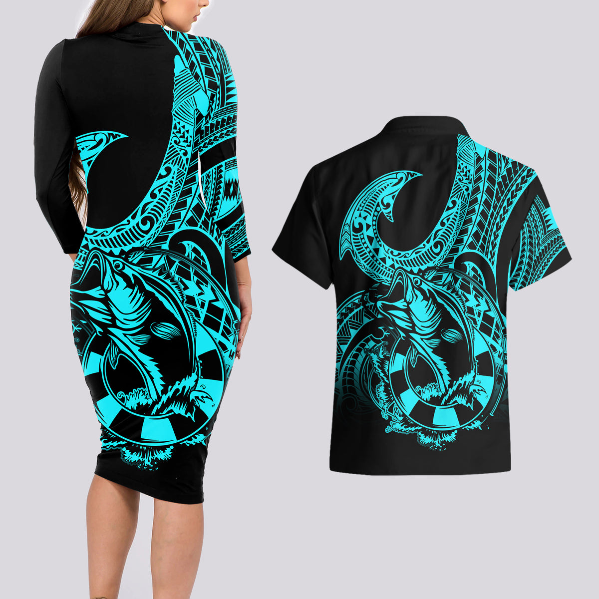 Polynesia Couples Matching Long Sleeve Bodycon Dress and Hawaiian Shirt Fish Hook Tattoo Go Fishing Polynesian Pattern Turquosie LT14 - Polynesian Pride