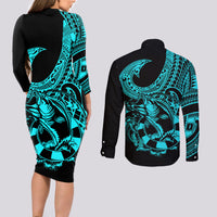 Polynesia Couples Matching Long Sleeve Bodycon Dress and Long Sleeve Button Shirts Fish Hook Tattoo Go Fishing Polynesian Pattern Turquosie LT14 - Polynesian Pride