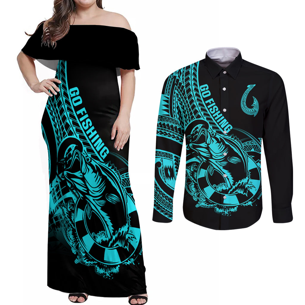 polynesia-couples-matching-off-shoulder-maxi-dress-and-long-sleeve-button-shirts-fish-hook-tattoo-go-fishing-polynesian-pattern-turquosie