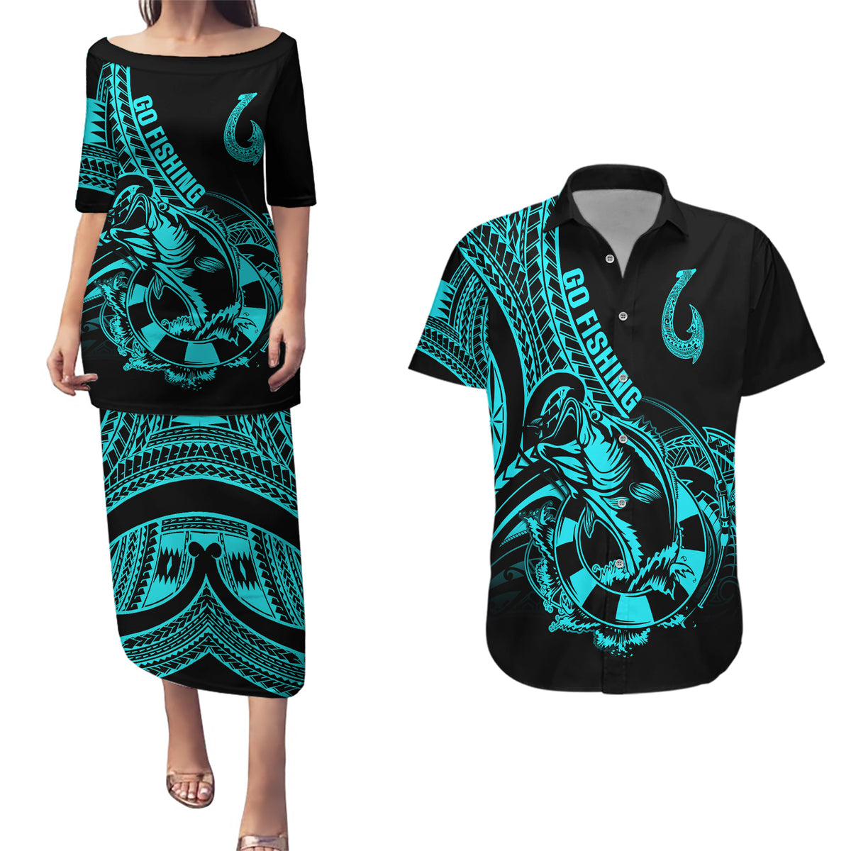 polynesia-couples-matching-puletasi-dress-and-hawaiian-shirt-fish-hook-tattoo-go-fishing-polynesian-pattern-turquosie