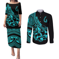 polynesia-couples-matching-puletasi-dress-and-long-sleeve-button-shirts-fish-hook-tattoo-go-fishing-polynesian-pattern-turquosie