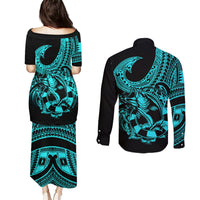 polynesia-couples-matching-puletasi-dress-and-long-sleeve-button-shirts-fish-hook-tattoo-go-fishing-polynesian-pattern-turquosie