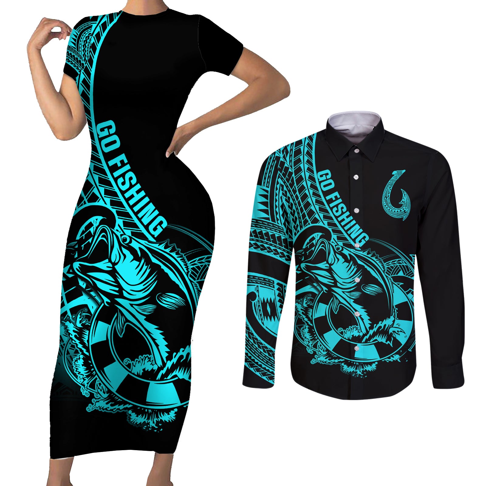 Polynesia Couples Matching Short Sleeve Bodycon Dress and Long Sleeve Button Shirts Fish Hook Tattoo Go Fishing Polynesian Pattern Turquosie LT14 Turquoise - Polynesian Pride