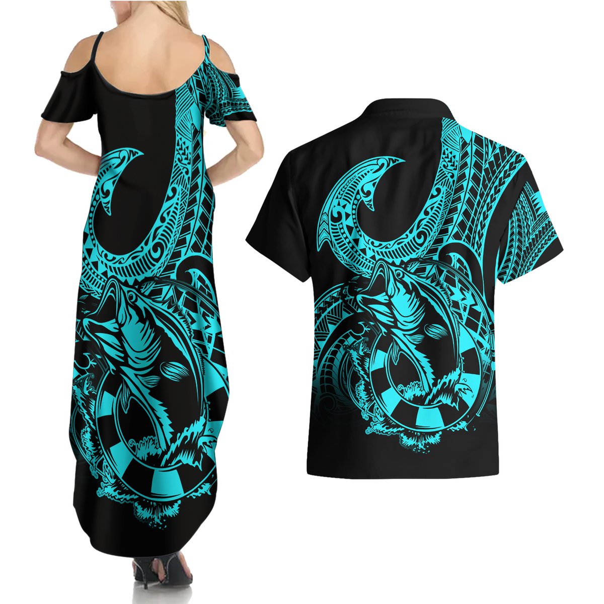 polynesia-couples-matching-summer-maxi-dress-and-hawaiian-shirt-fish-hook-tattoo-go-fishing-polynesian-pattern-turquosie