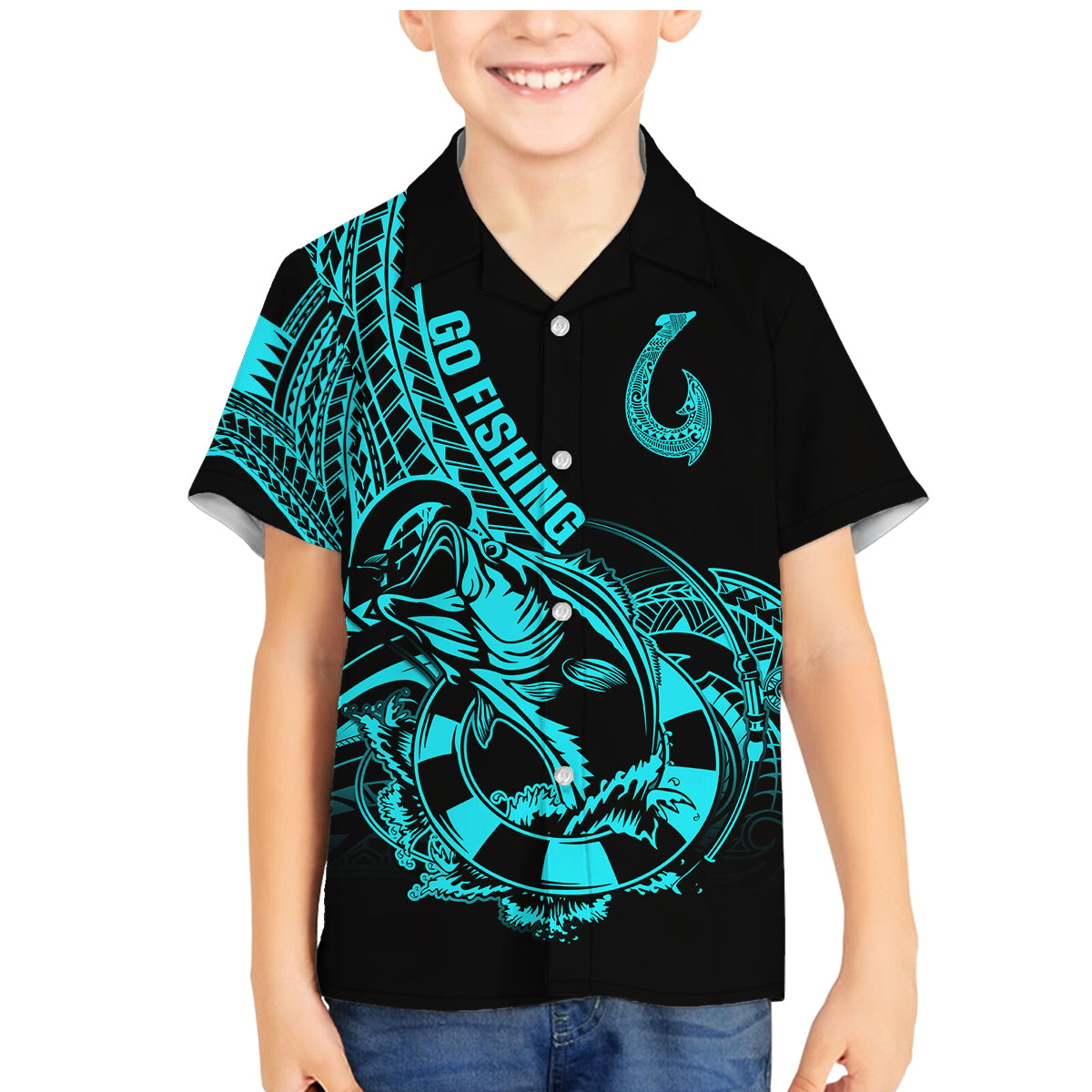 polynesia-family-matching-mermaid-dress-and-hawaiian-shirt-fish-hook-tattoo-go-fishing-polynesian-pattern-turquosie