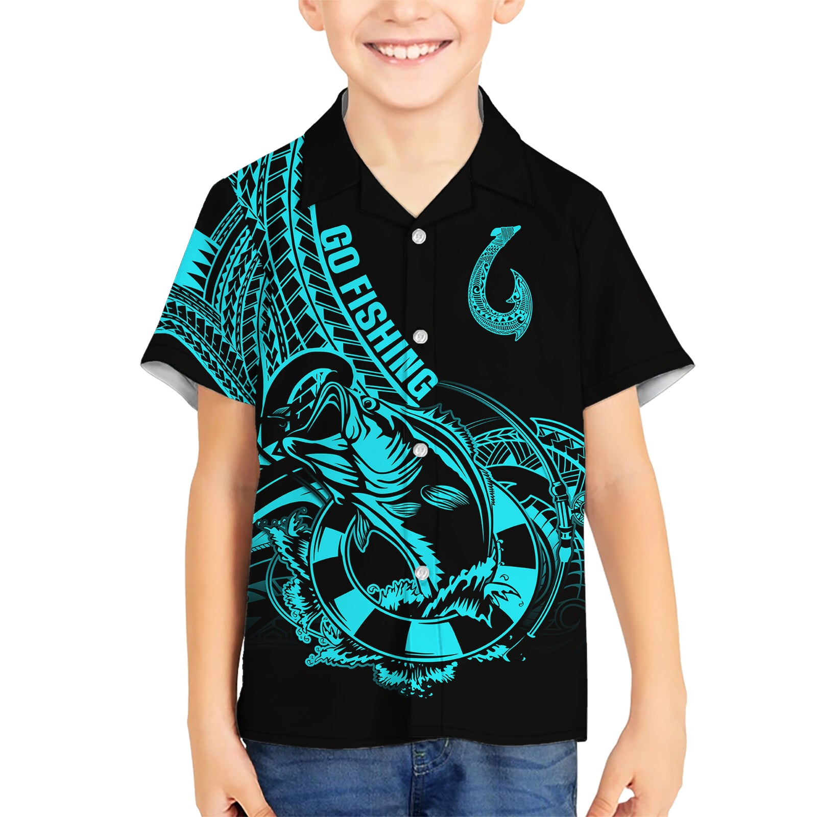 Polynesia Kid Hawaiian Shirt Fish Hook Tattoo Go Fishing Polynesian Pattern Turquosie LT14 Kid Turquoise - Polynesian Pride