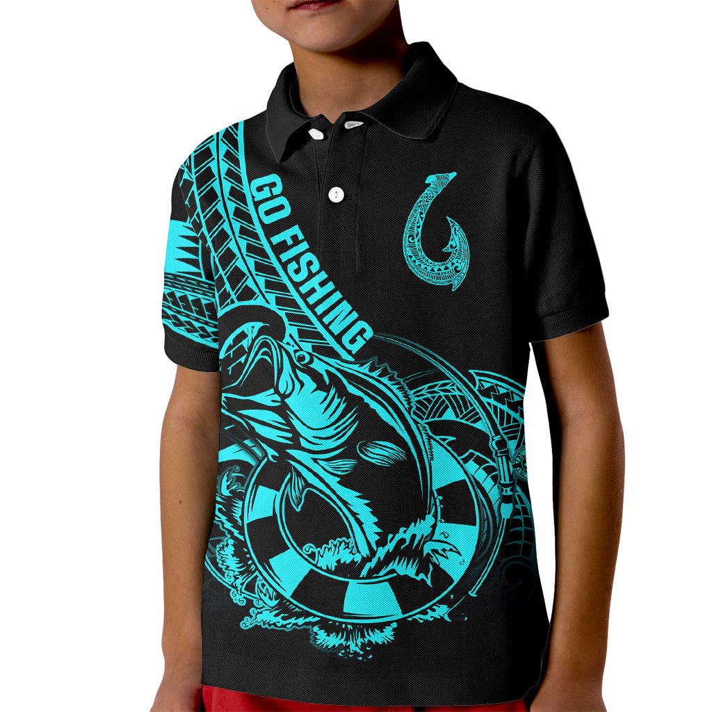 Polynesia Kid Polo Shirt Fish Hook Tattoo Go Fishing Polynesian Pattern Turquosie LT14 Kid Turquoise - Polynesian Pride
