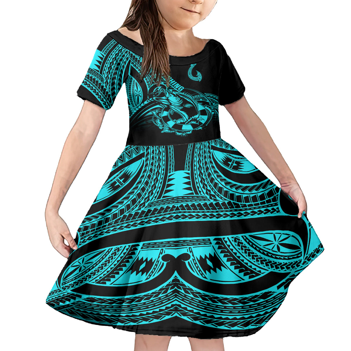 polynesia-kid-short-sleeve-dress-fish-hook-tattoo-go-fishing-polynesian-pattern-turquosie