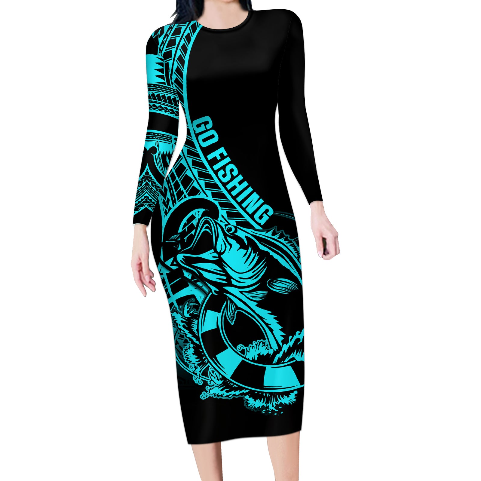 Polynesia Long Sleeve Bodycon Dress Fish Hook Tattoo Go Fishing Polynesian Pattern Turquosie LT14 Long Dress Turquoise - Polynesian Pride
