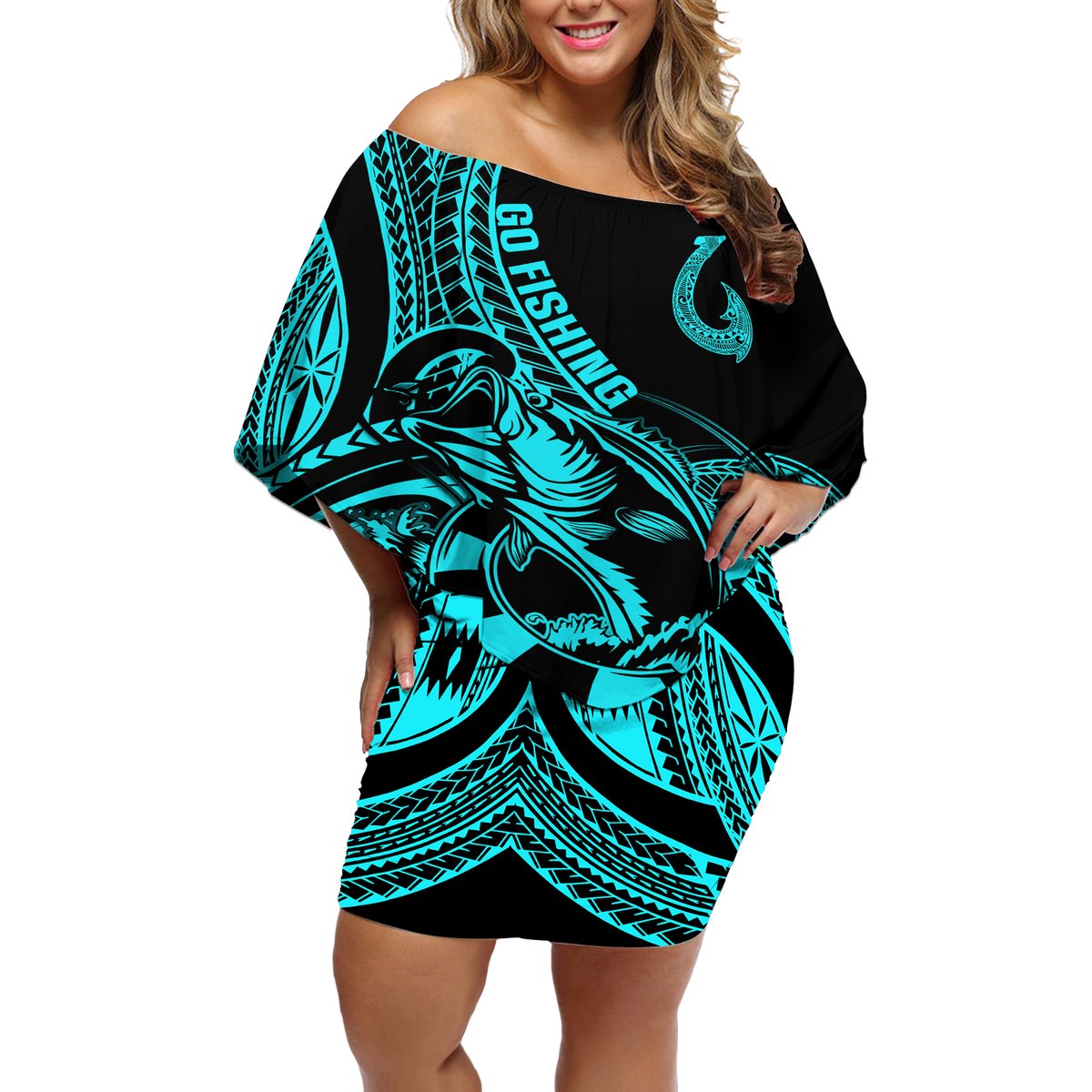 Polynesia Off Shoulder Short Dress Fish Hook Tattoo Go Fishing Polynesian Pattern Turquosie LT14 Women Turquoise - Polynesian Pride