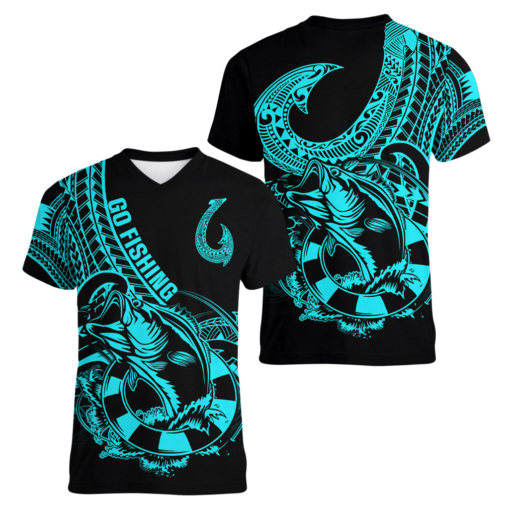 polynesia-women-v-neck-t-shirt-fish-hook-tattoo-go-fishing-polynesian-pattern-turquosie