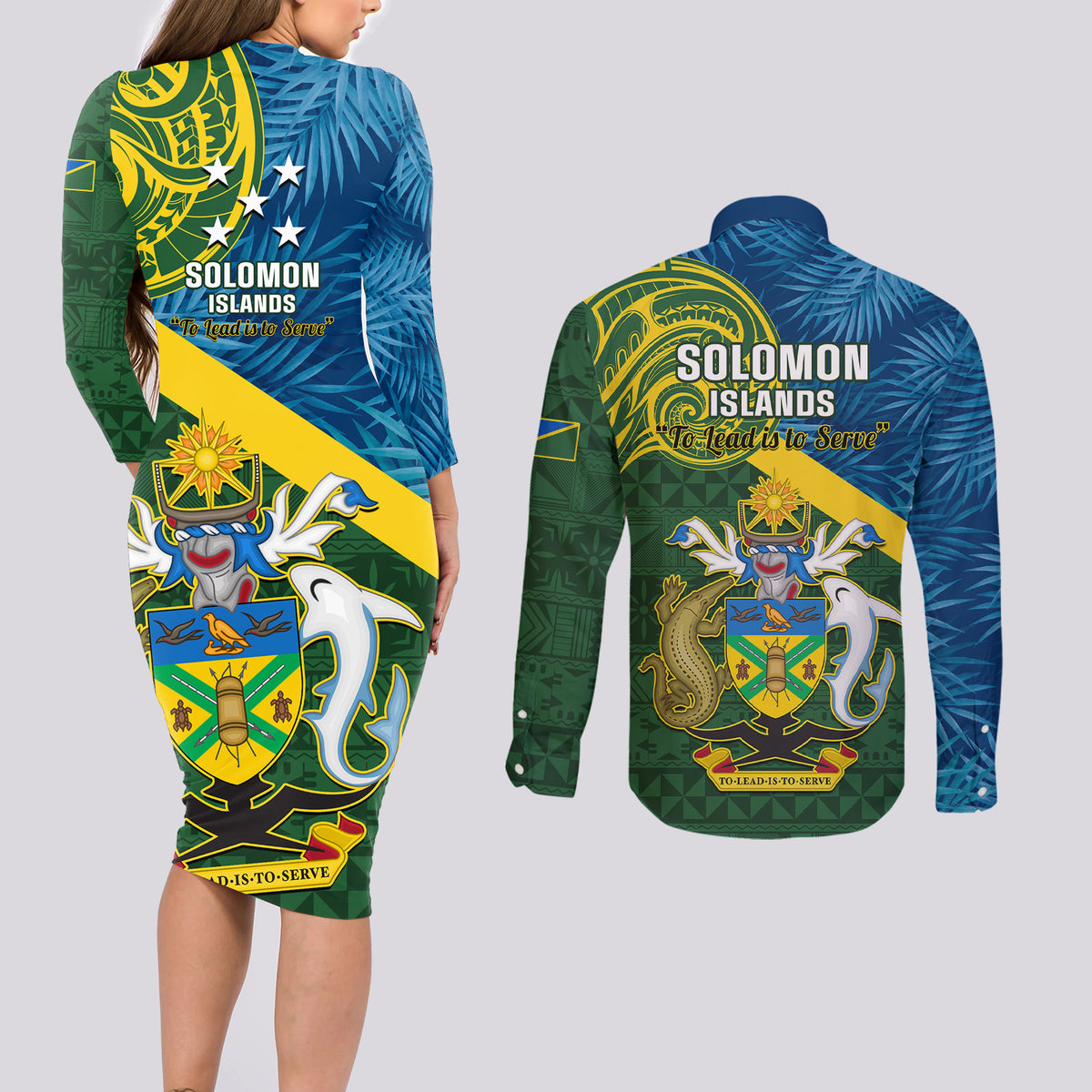 solomon-islands-couples-matching-long-sleeve-bodycon-dress-and-long-sleeve-button-shirts-tropical-leaves-with-melanesian-pattern