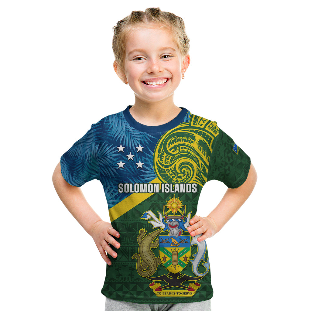 Personalised Solomon Islands Kid T Shirt Tropical Leaves With Melanesian Pattern LT14 Green - Polynesian Pride