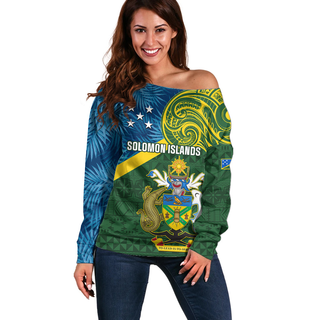 Personalised Solomon Islands Off Shoulder Sweater Tropical Leaves With Melanesian Pattern LT14 Women Green - Polynesian Pride
