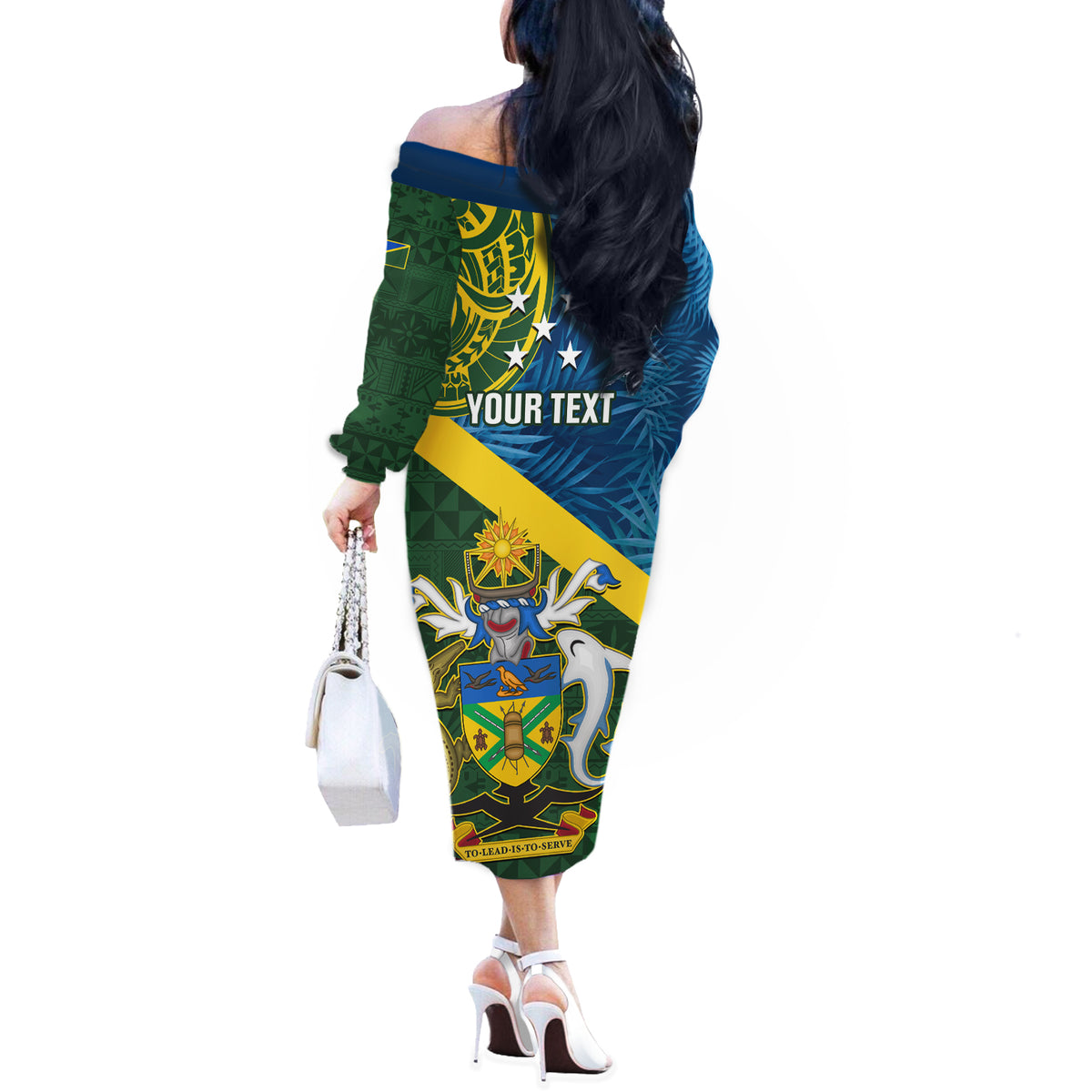 Personalised Solomon Islands Off The Shoulder Long Sleeve Dress Tropical Leaves With Melanesian Pattern LT14 - Polynesian Pride