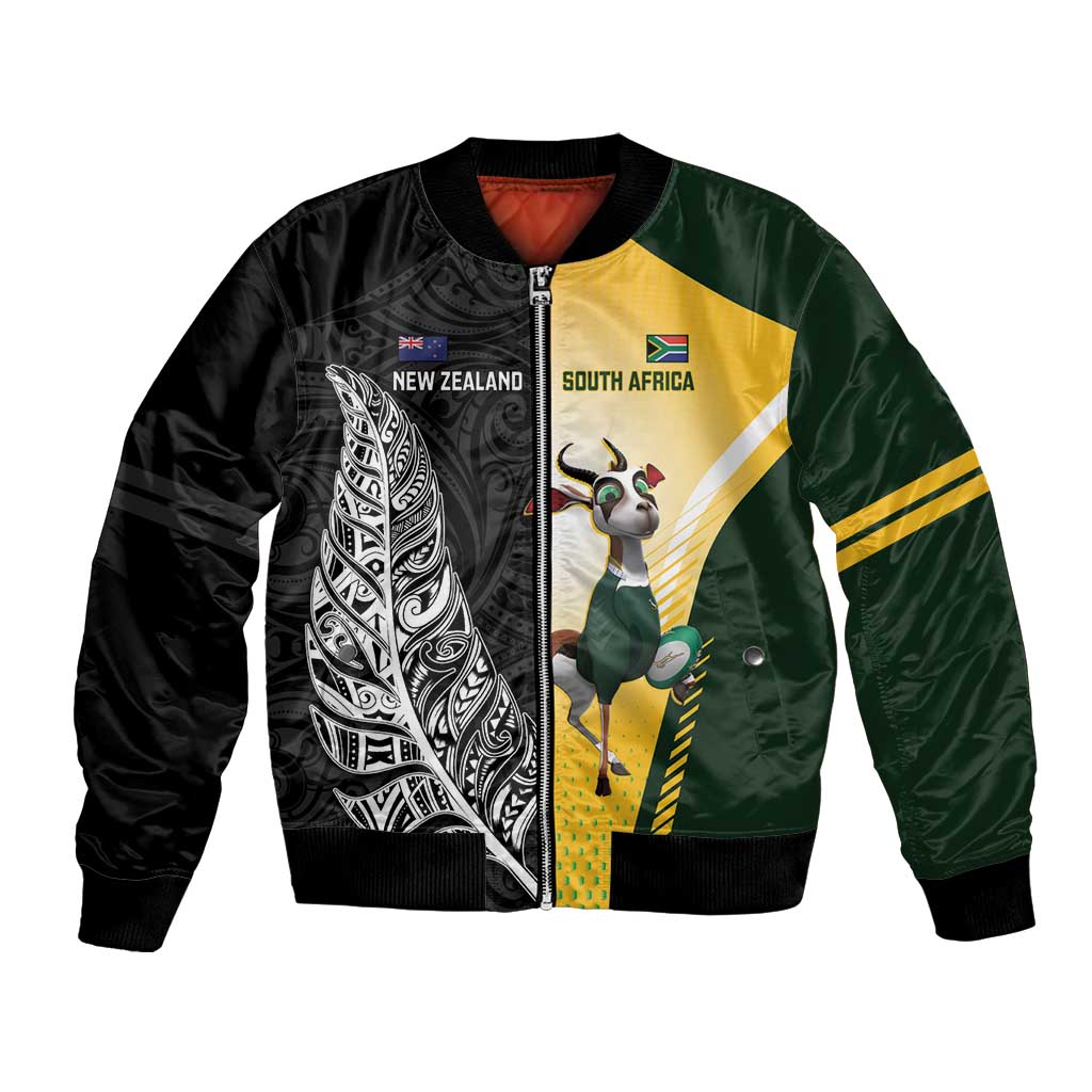 New Zealand and South Africa Rugby Custom Bomber Jacket Maori Silver Fern Springbok Together - Polynesian Pride