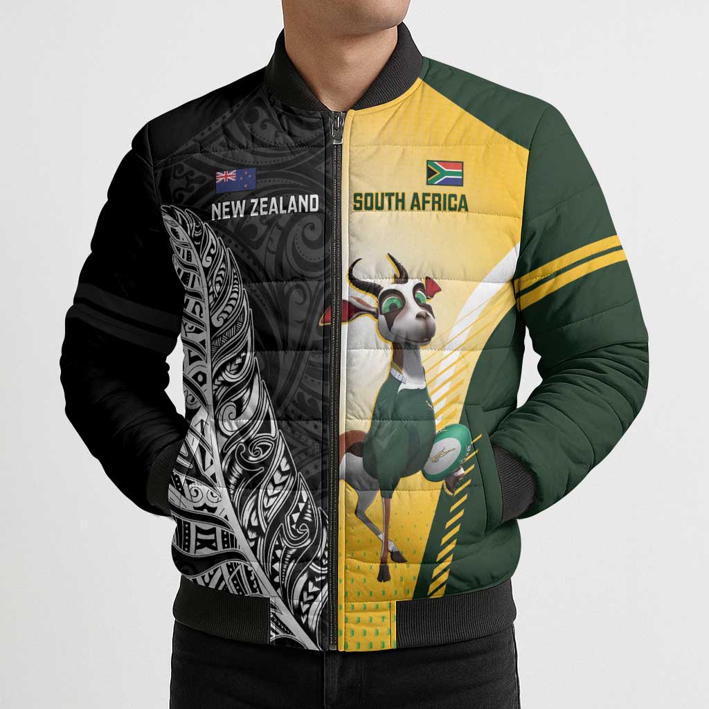 New Zealand and South Africa Rugby Custom Bomber Puffer Jacket Maori Silver Fern Springbok Together - Polynesian Pride