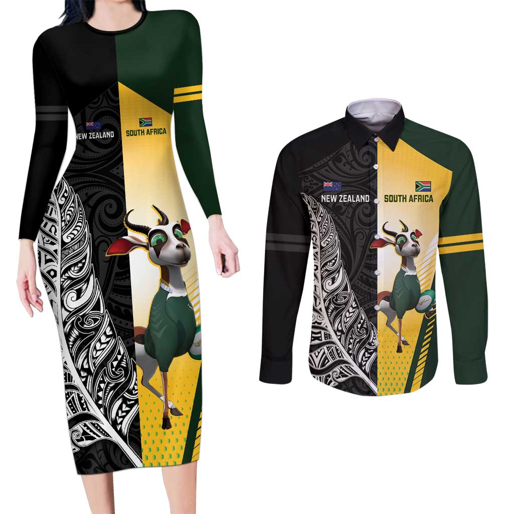 New Zealand and South Africa Rugby Custom Couples Matching Long Sleeve Bodycon Dress and Long Sleeve Button Shirt Maori Silver Fern Springbok Together - Polynesian Pride