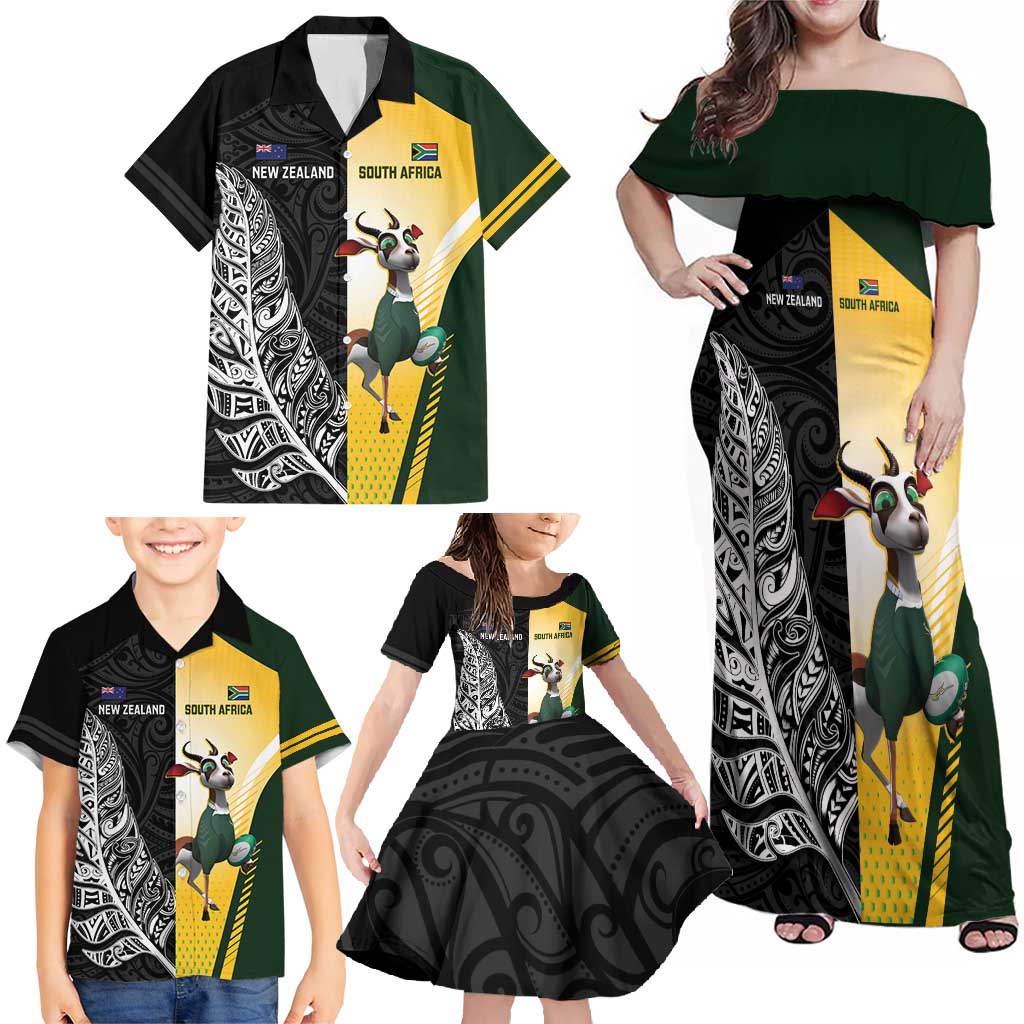 New Zealand and South Africa Rugby Custom Family Matching Off Shoulder Maxi Dress and Hawaiian Shirt Maori Silver Fern Springbok Together - Polynesian Pride