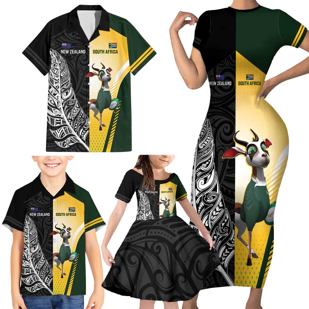 New Zealand and South Africa Rugby Custom Family Matching Short Sleeve Bodycon Dress and Hawaiian Shirt Maori Silver Fern Springbok Together - Polynesian Pride