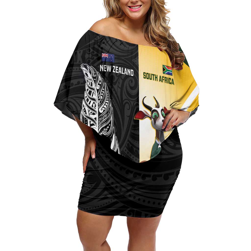 New Zealand and South Africa Rugby Custom Off Shoulder Short Dress Maori Silver Fern Springbok Together - Polynesian Pride