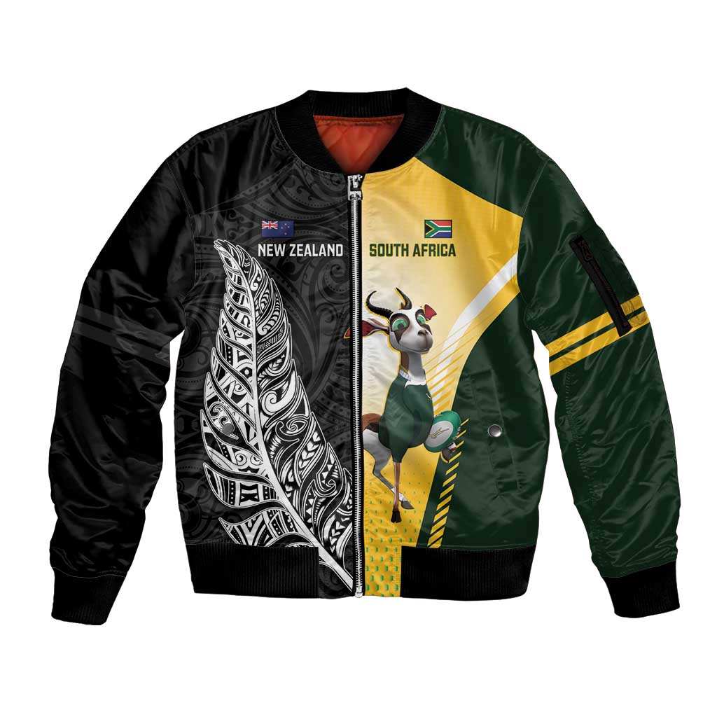 New Zealand and South Africa Rugby Custom Sleeve Zip Bomber Jacket Maori Silver Fern Springbok Together - Polynesian Pride