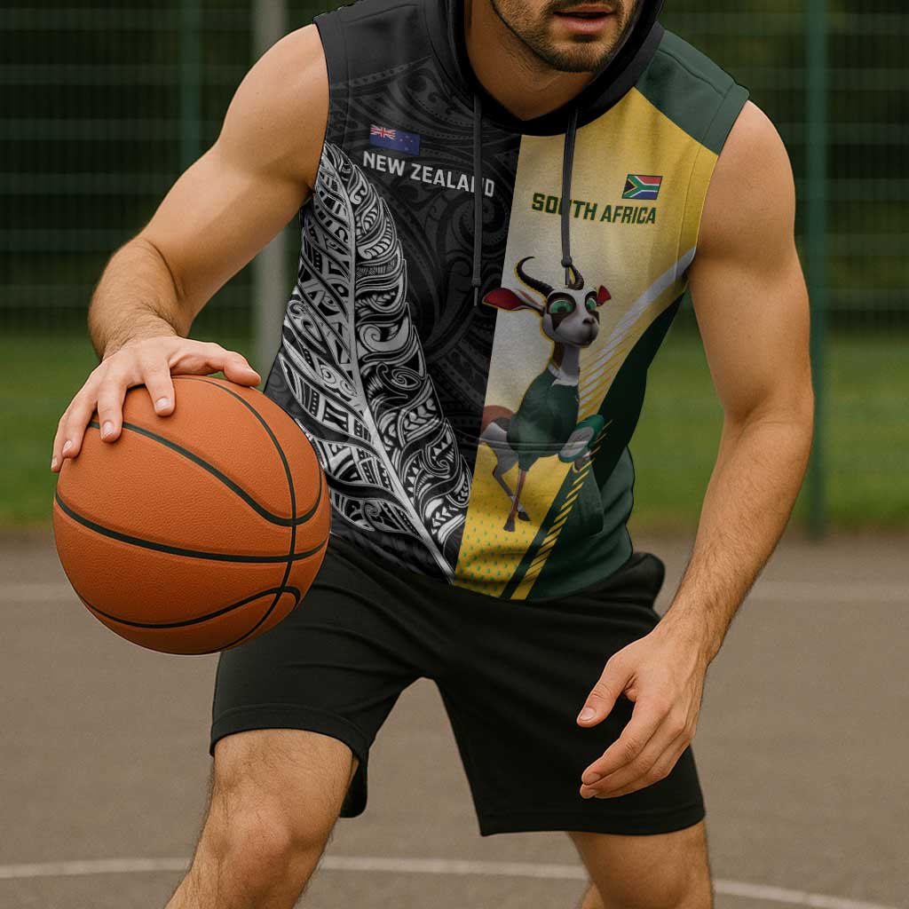 New Zealand and South Africa Rugby Custom Sleeveless Hoodie Maori Silver Fern Springbok Together - Polynesian Pride