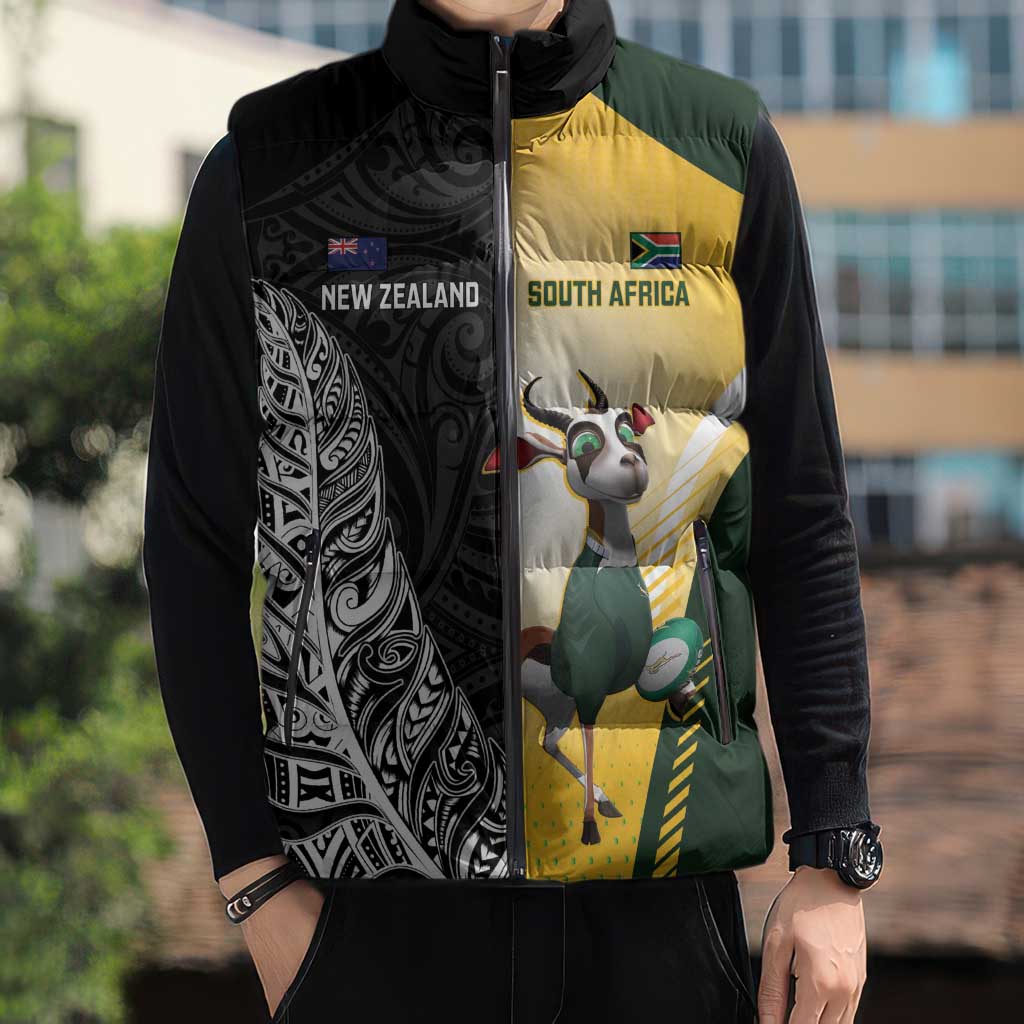 New Zealand and South Africa Rugby Custom Sleeveless Puffer Jacket Maori Silver Fern Springbok Together - Polynesian Pride