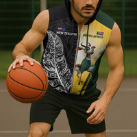 New Zealand and South Africa Rugby Custom Sleeveless Zip Hoodie Maori Silver Fern Springbok Together - Polynesian Pride