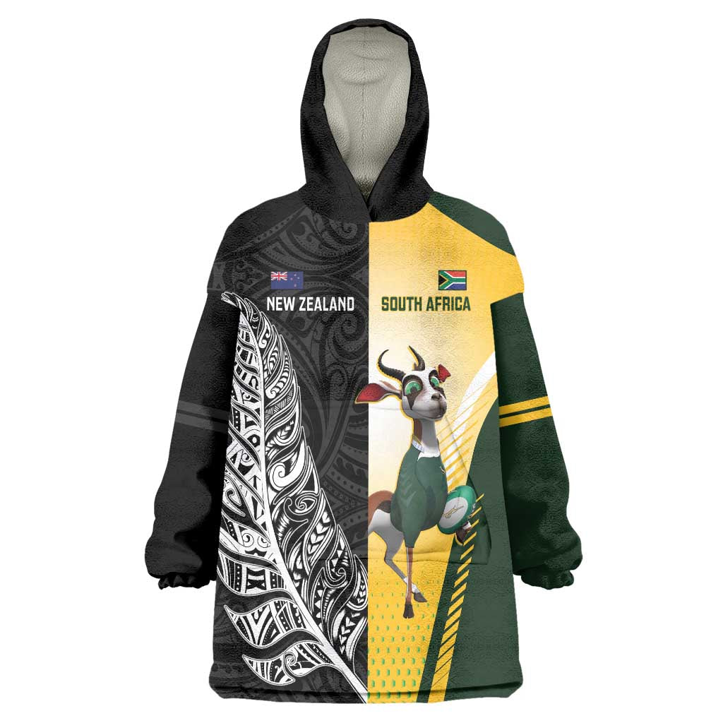 New Zealand and South Africa Rugby Custom Wearable Blanket Hoodie Maori Silver Fern Springbok Together - Polynesian Pride