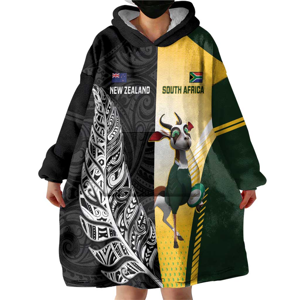 New Zealand and South Africa Rugby Custom Wearable Blanket Hoodie Maori Silver Fern Springbok Together - Polynesian Pride
